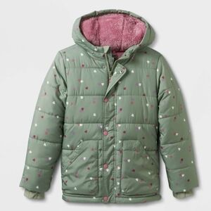 Cat & Jack Puffer Coat Parka Reversible Sherpa Girls XXL 18 Green Pink White NEW